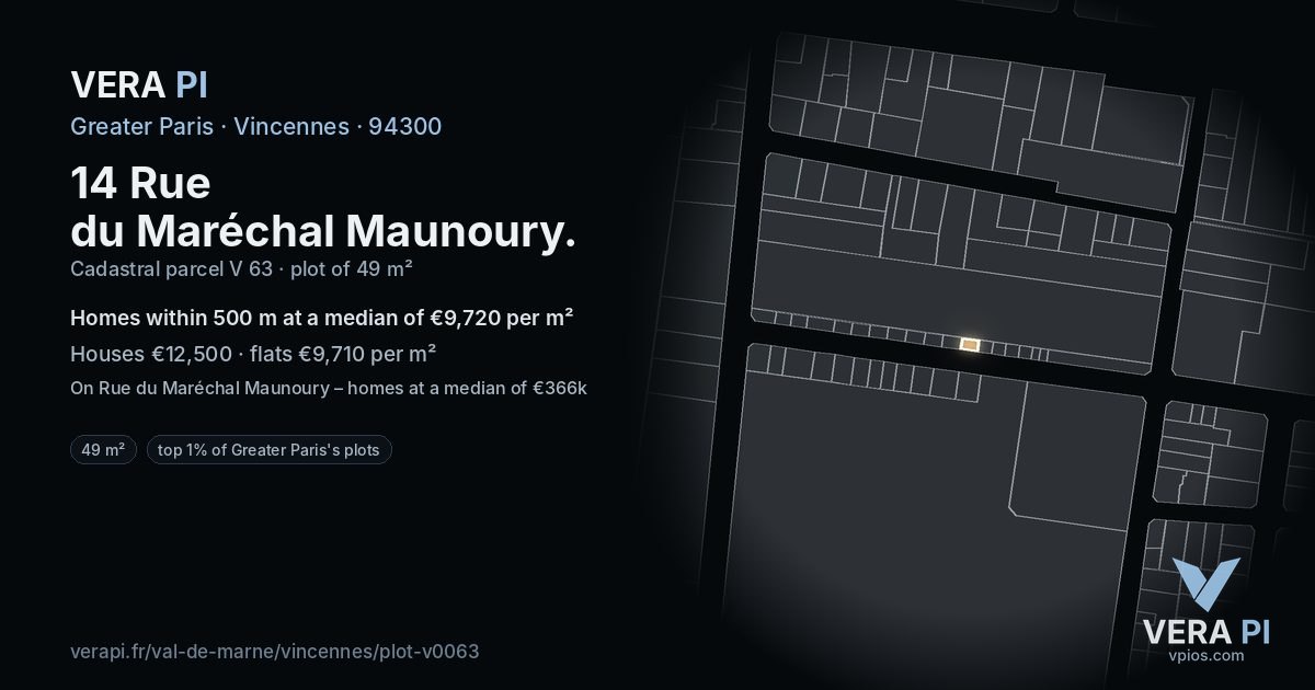 14 Rue du Maréchal Maunoury, Vincennes at night – the plot lit, the parcels around coloured by the prices near them