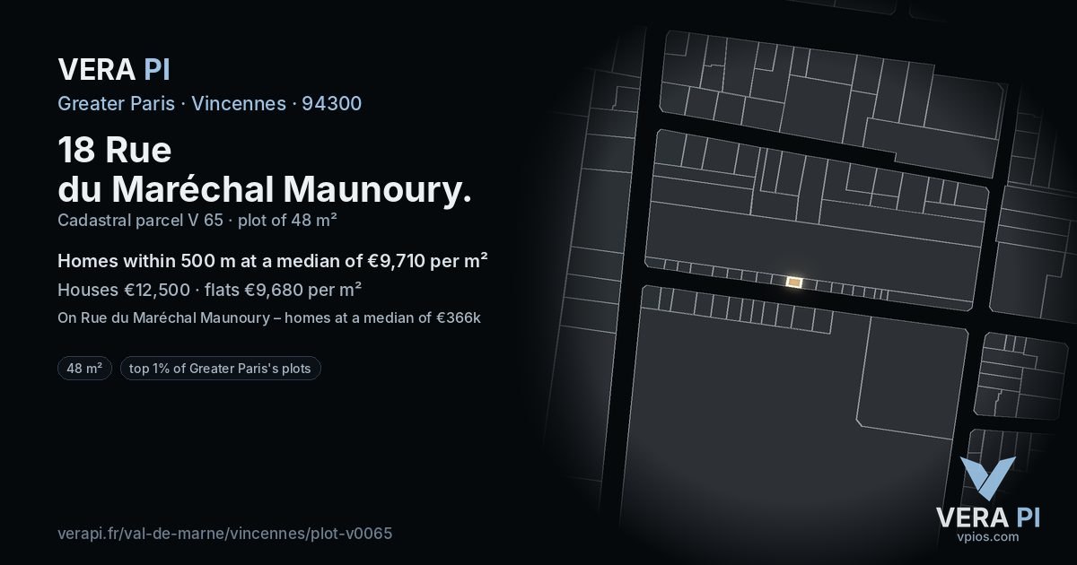 18 Rue du Maréchal Maunoury, Vincennes at night – the plot lit, the parcels around coloured by the prices near them