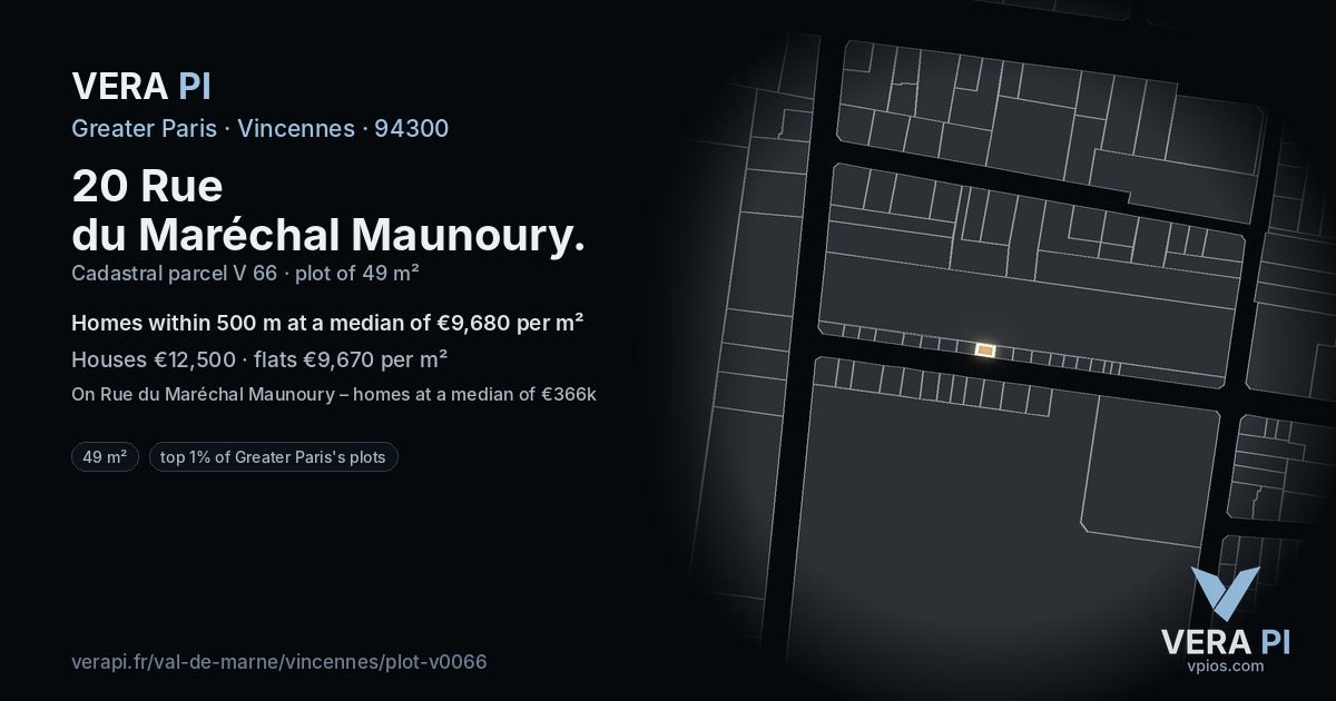 20 Rue du Maréchal Maunoury, Vincennes at night – the plot lit, the parcels around coloured by the prices near them