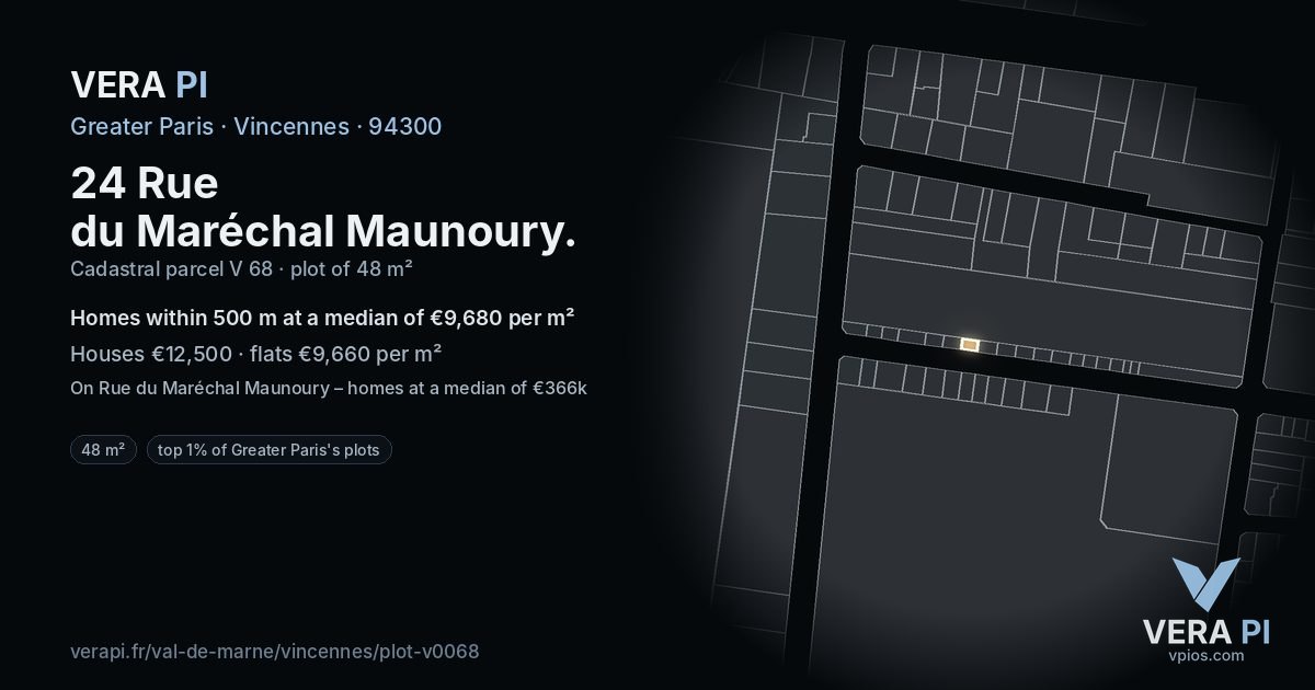 24 Rue du Maréchal Maunoury, Vincennes at night – the plot lit, the parcels around coloured by the prices near them