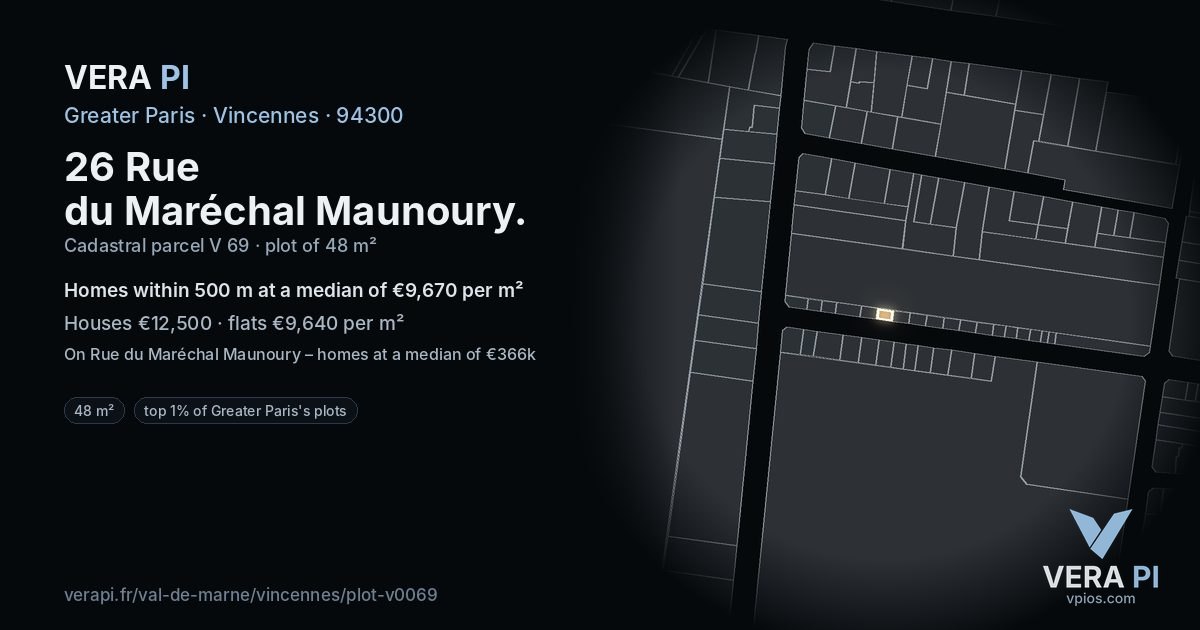 26 Rue du Maréchal Maunoury, Vincennes at night – the plot lit, the parcels around coloured by the prices near them