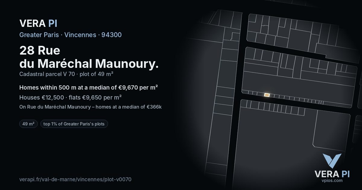 28 Rue du Maréchal Maunoury, Vincennes at night – the plot lit, the parcels around coloured by the prices near them