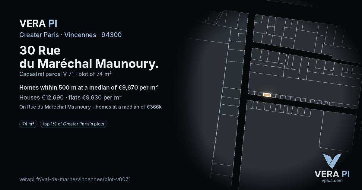 30 Rue du Maréchal Maunoury, Vincennes at night – the plot lit, the parcels around coloured by the prices near them
