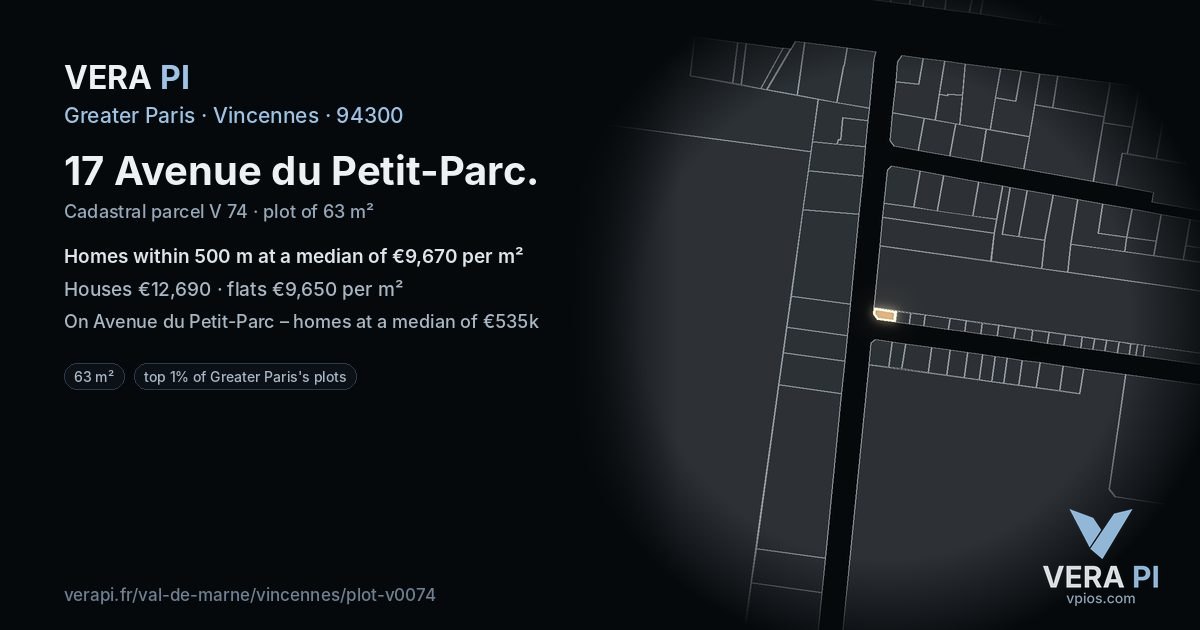 17 Avenue du Petit-Parc, Vincennes at night – the plot lit, the parcels around coloured by the prices near them