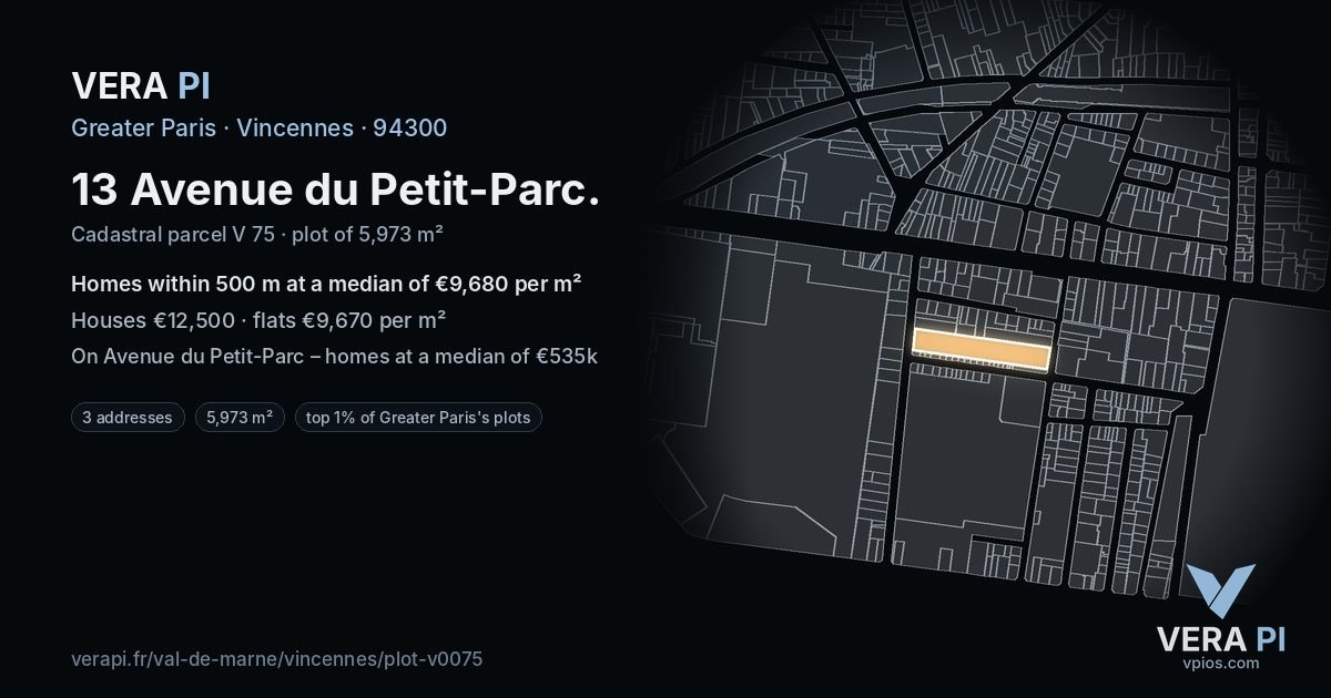 13 Avenue du Petit-Parc, Vincennes at night – the plot lit, the parcels around coloured by the prices near them