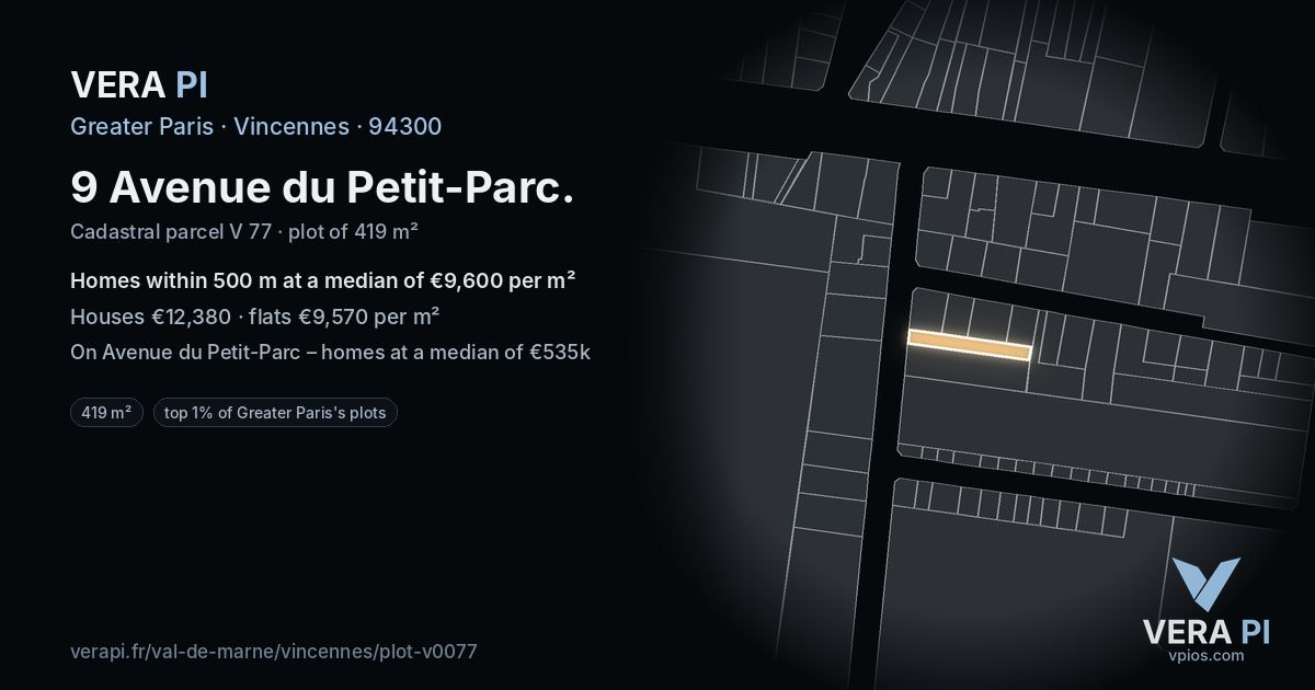 9 Avenue du Petit-Parc, Vincennes at night – the plot lit, the parcels around coloured by the prices near them