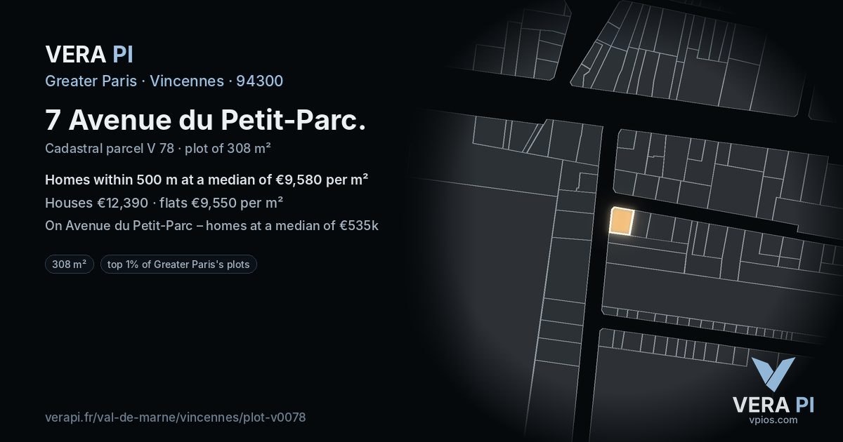 7 Avenue du Petit-Parc, Vincennes at night – the plot lit, the parcels around coloured by the prices near them