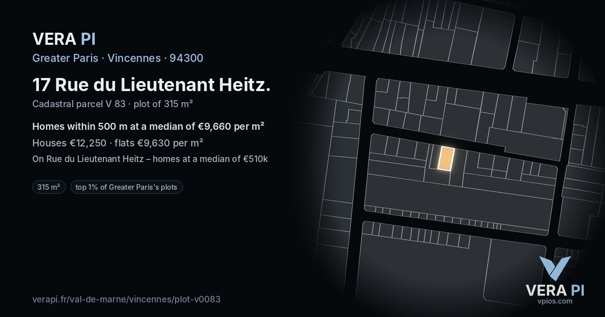 17 Rue du Lieutenant Heitz, Vincennes at night – the plot lit, the parcels around coloured by the prices near them