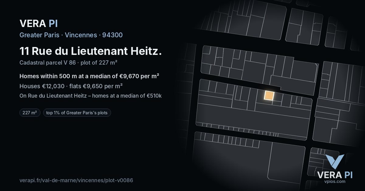 11 Rue du Lieutenant Heitz, Vincennes at night – the plot lit, the parcels around coloured by the prices near them