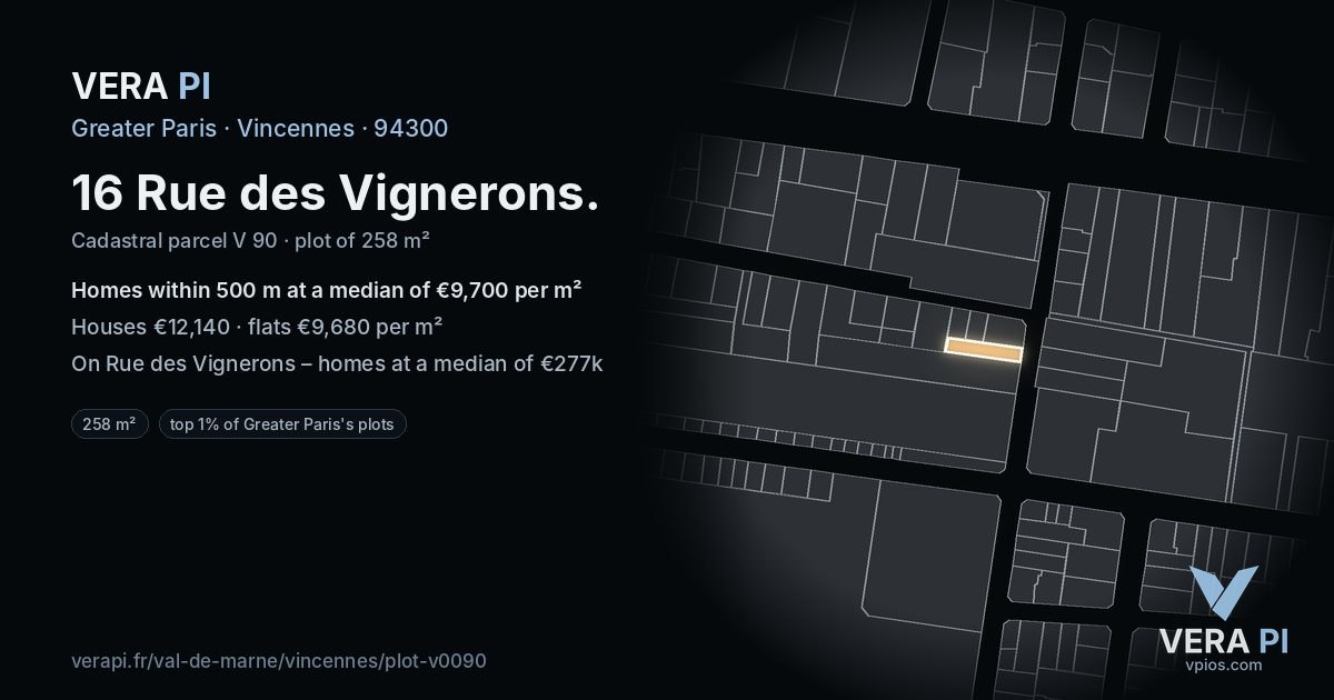 16 Rue des Vignerons, Vincennes at night – the plot lit, the parcels around coloured by the prices near them