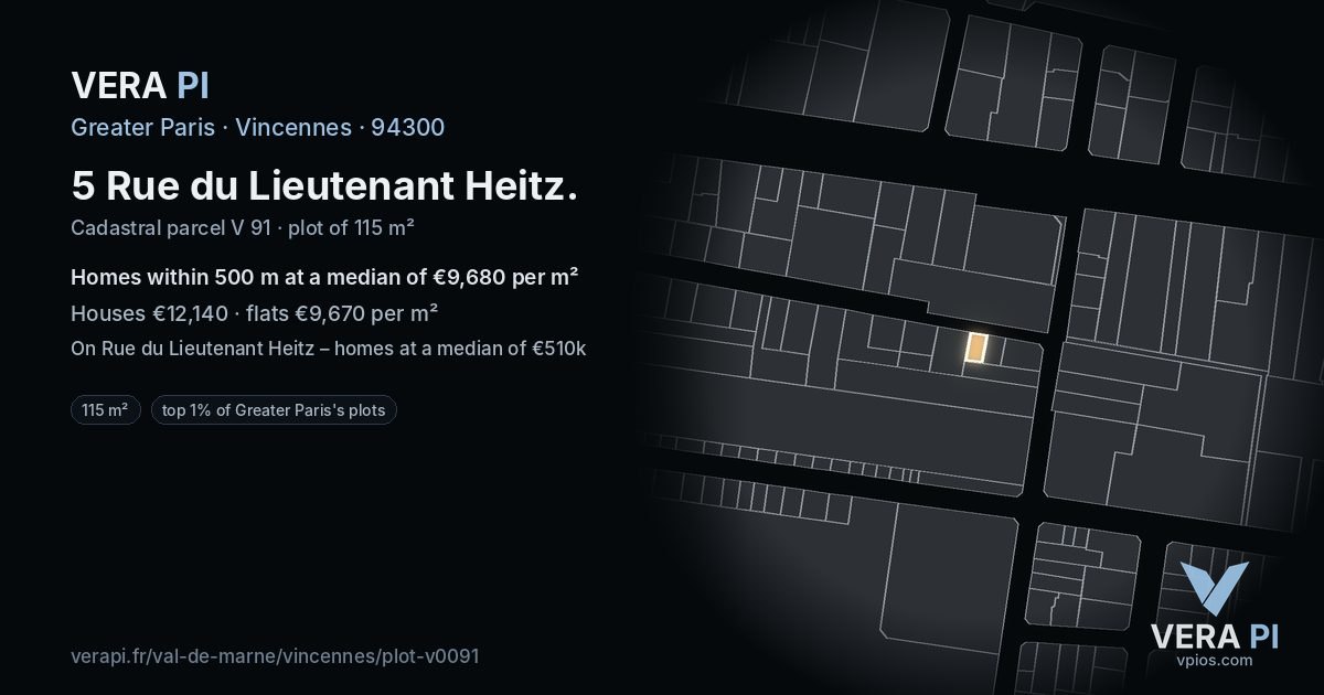 5 Rue du Lieutenant Heitz, Vincennes at night – the plot lit, the parcels around coloured by the prices near them