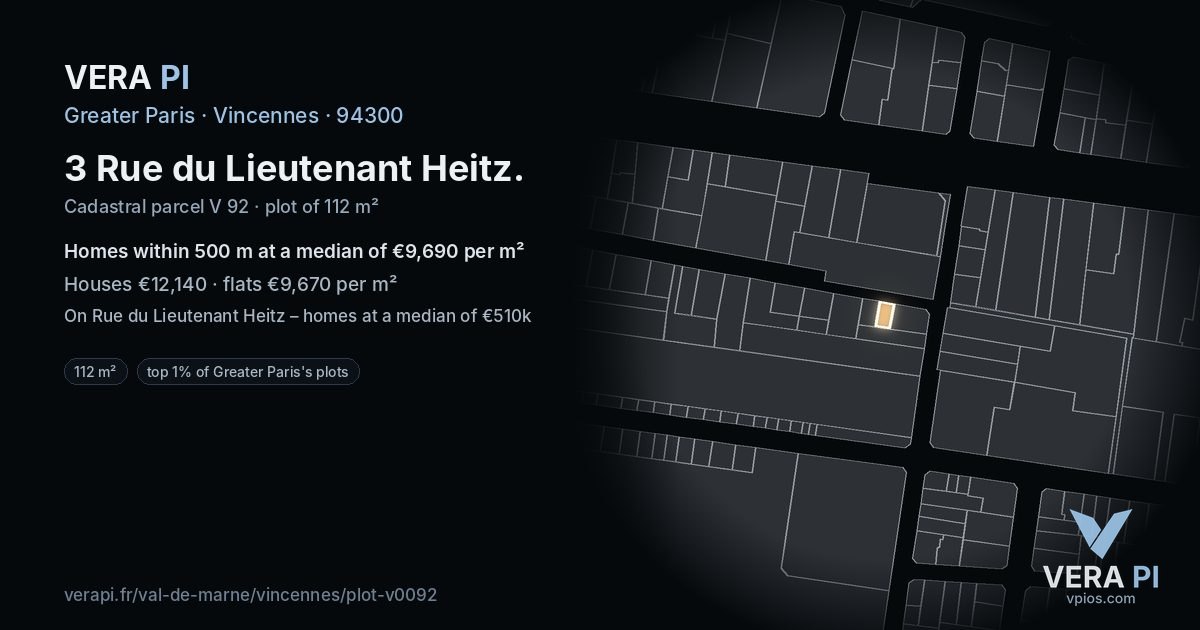 3 Rue du Lieutenant Heitz, Vincennes at night – the plot lit, the parcels around coloured by the prices near them