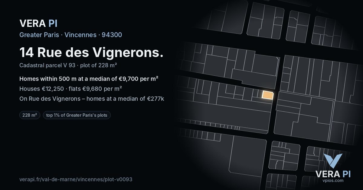 14 Rue des Vignerons, Vincennes at night – the plot lit, the parcels around coloured by the prices near them