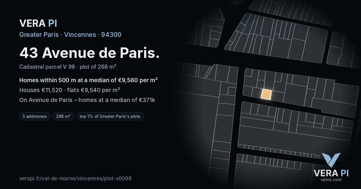 43 Avenue de Paris, Vincennes at night – the plot lit, the parcels around coloured by the prices near them