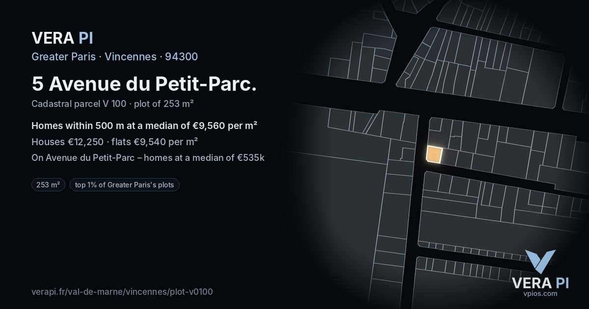 5 Avenue du Petit-Parc, Vincennes at night – the plot lit, the parcels around coloured by the prices near them