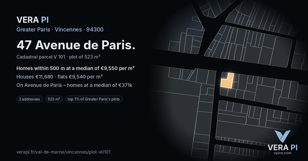 47 Avenue de Paris, Vincennes at night – the plot lit, the parcels around coloured by the prices near them