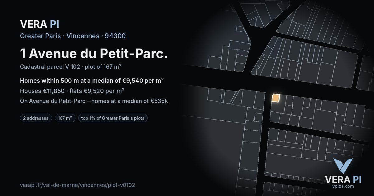 1 Avenue du Petit-Parc, Vincennes at night – the plot lit, the parcels around coloured by the prices near them