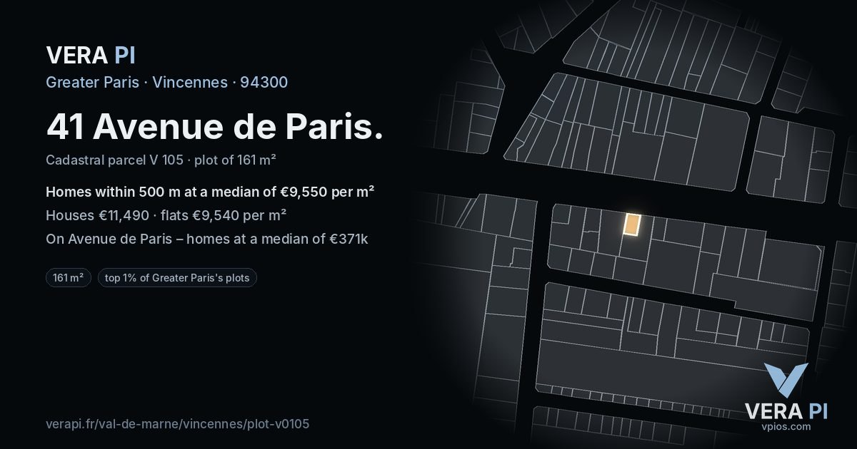 41 Avenue de Paris, Vincennes at night – the plot lit, the parcels around coloured by the prices near them