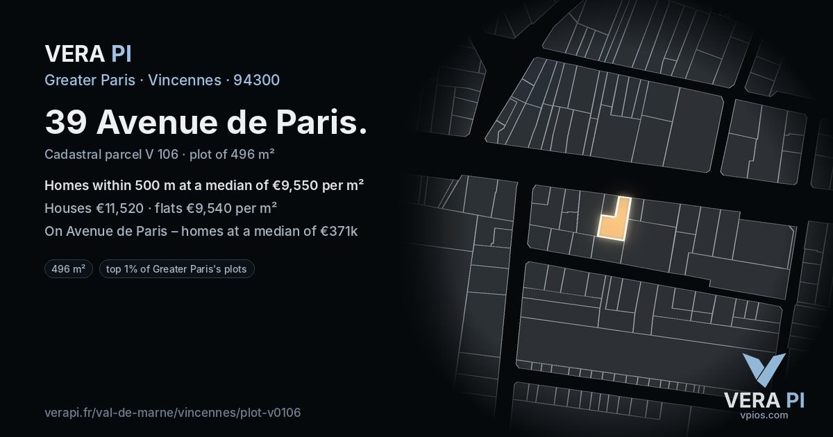 39 Avenue de Paris, Vincennes at night – the plot lit, the parcels around coloured by the prices near them