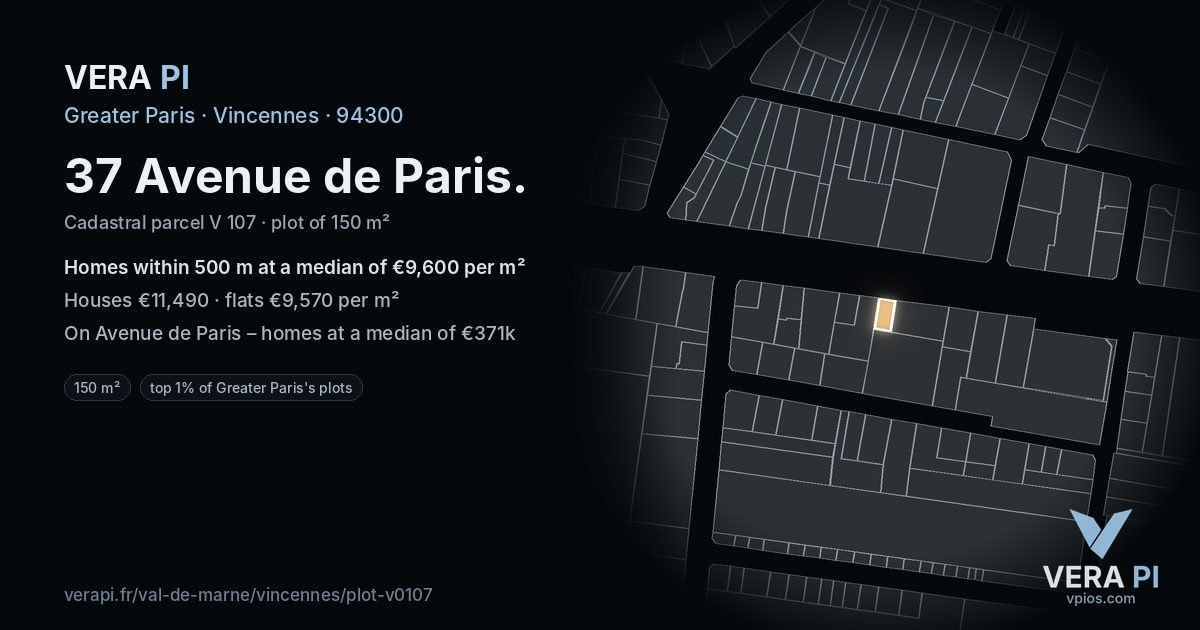 37 Avenue de Paris, Vincennes at night – the plot lit, the parcels around coloured by the prices near them