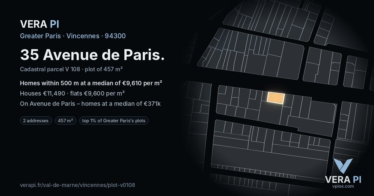 35 Avenue de Paris, Vincennes at night – the plot lit, the parcels around coloured by the prices near them