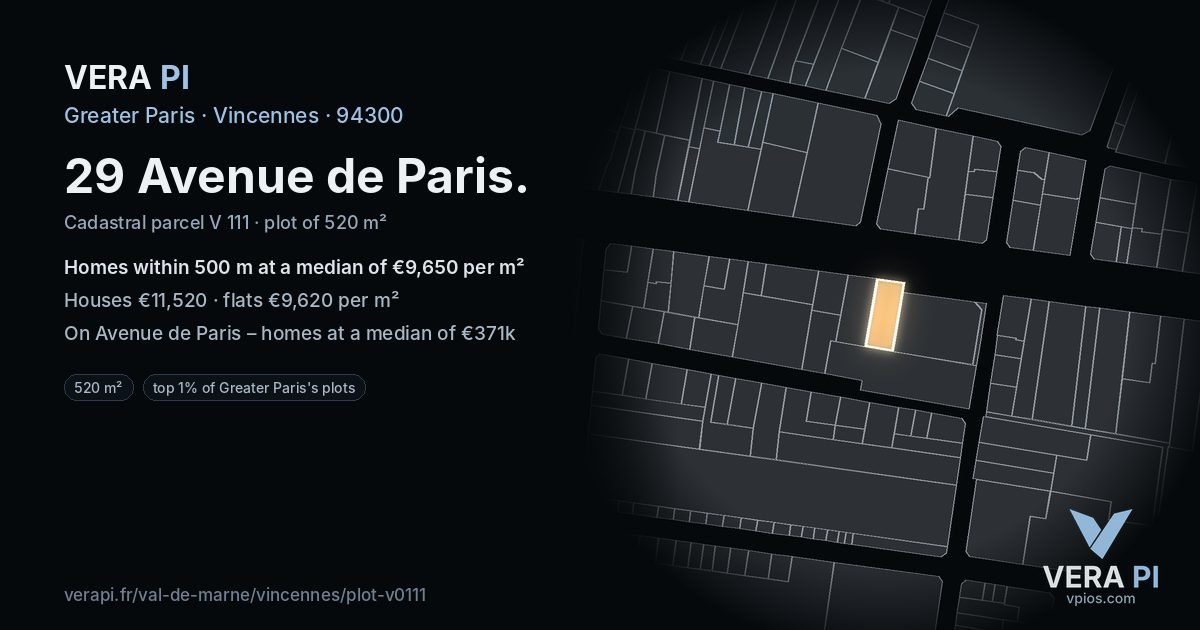 29 Avenue de Paris, Vincennes at night – the plot lit, the parcels around coloured by the prices near them