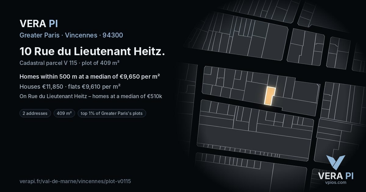 10 Rue du Lieutenant Heitz, Vincennes at night – the plot lit, the parcels around coloured by the prices near them