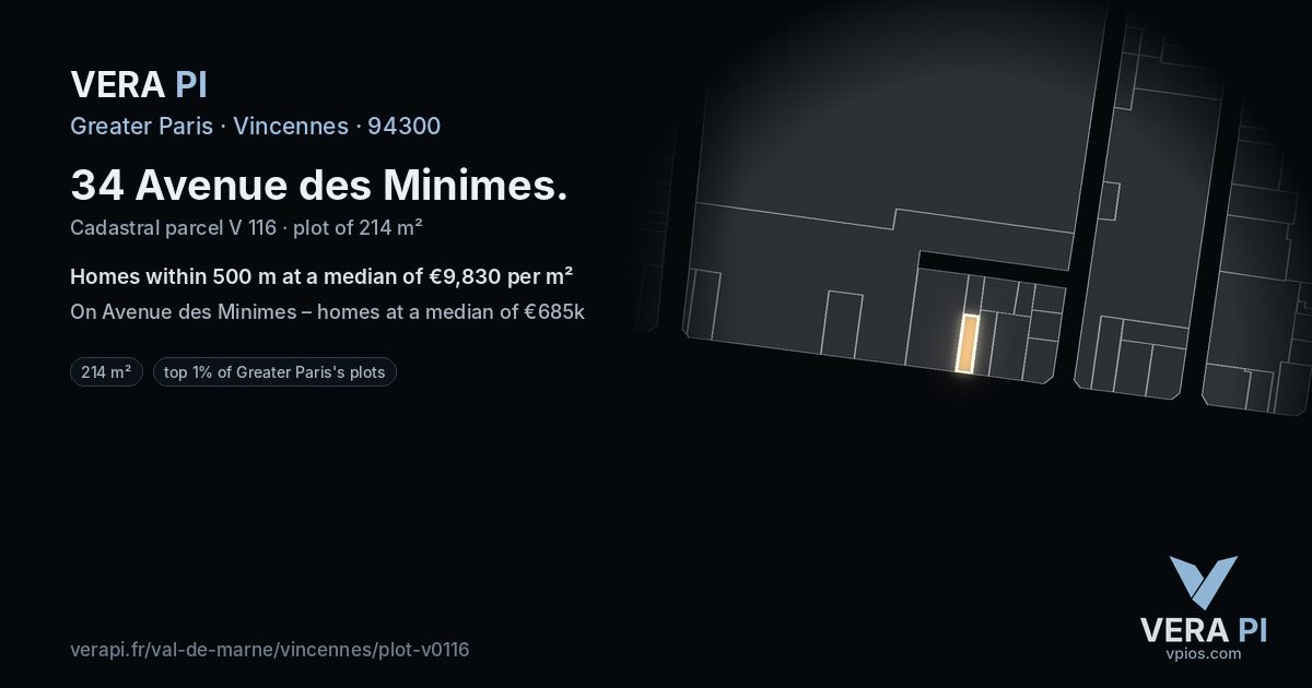 34 Avenue des Minimes, Vincennes at night – the plot lit, the parcels around coloured by the prices near them