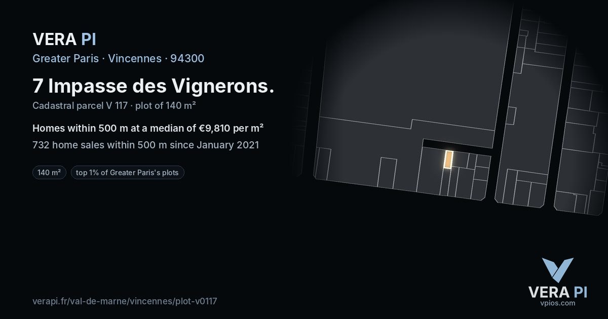 7 Impasse des Vignerons, Vincennes at night – the plot lit, the parcels around coloured by the prices near them