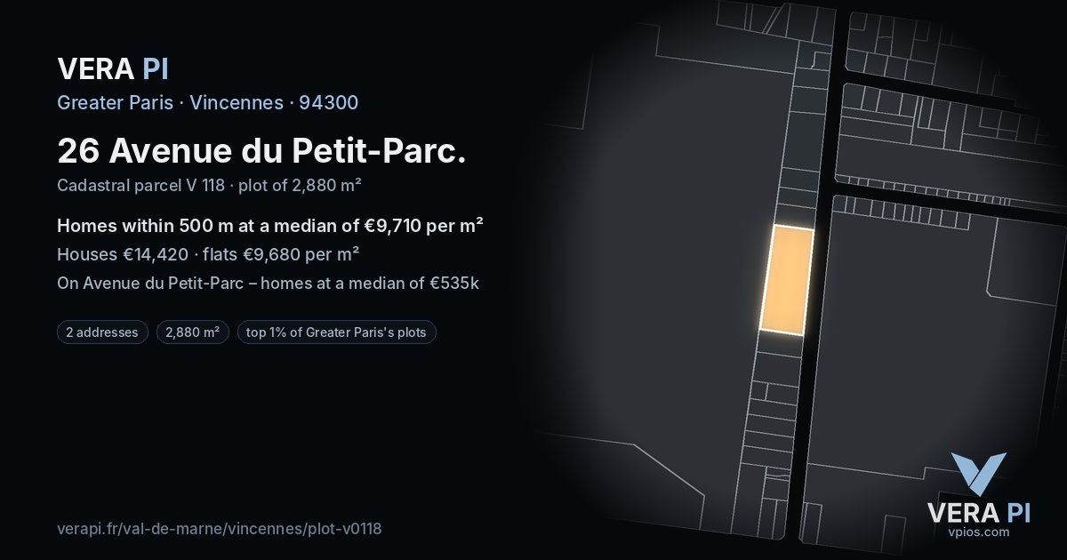 26 Avenue du Petit-Parc, Vincennes at night – the plot lit, the parcels around coloured by the prices near them