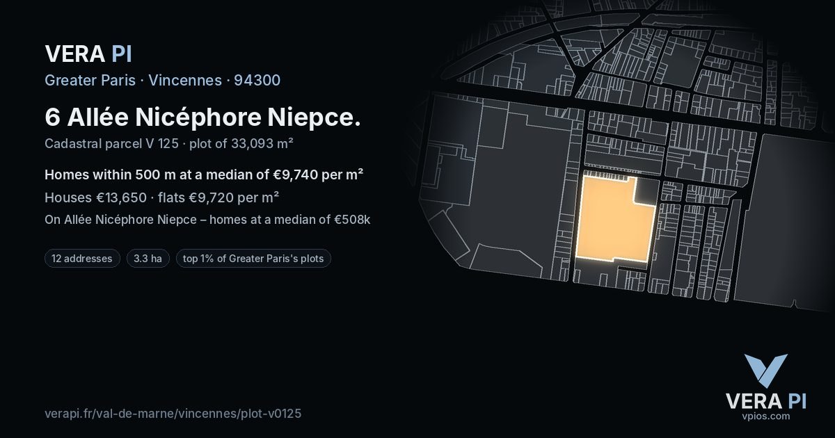 6 Allée Nicéphore Niepce, Vincennes at night – the plot lit, the parcels around coloured by the prices near them