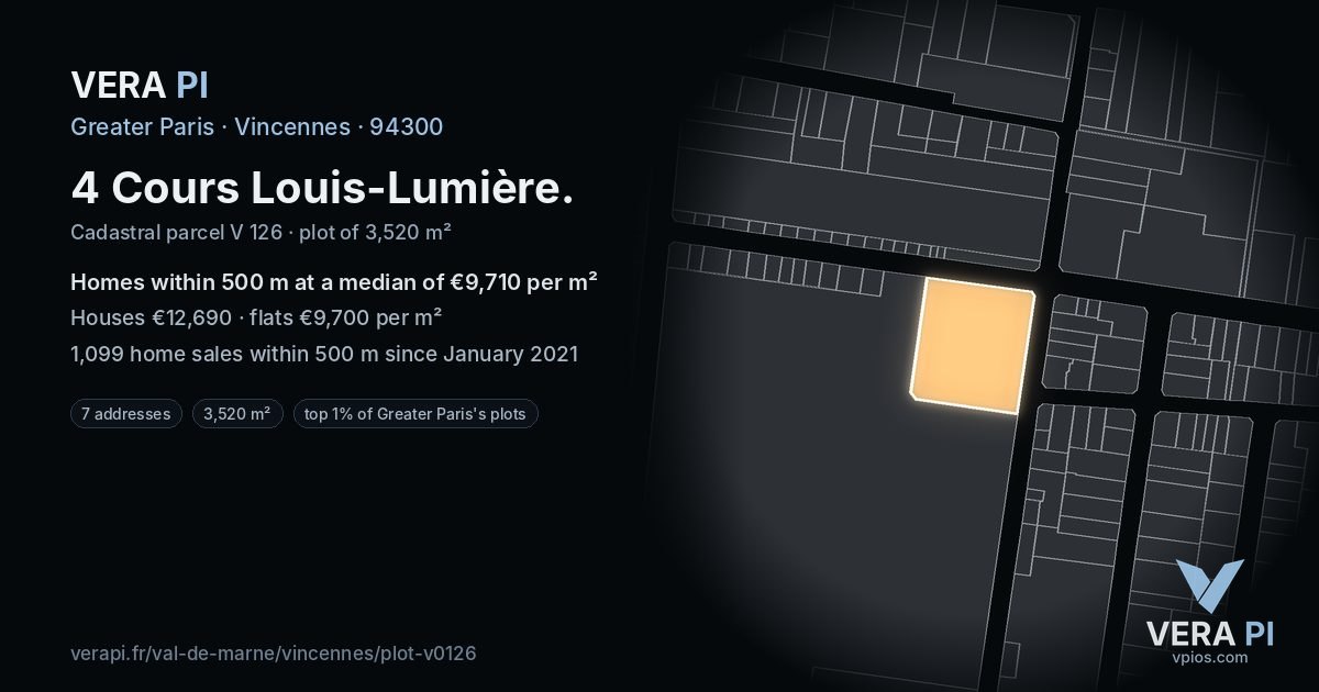 4 Cours Louis-Lumière, Vincennes at night – the plot lit, the parcels around coloured by the prices near them