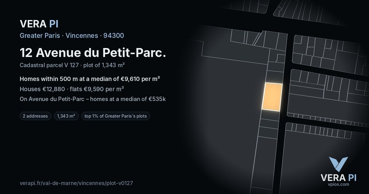 12 Avenue du Petit-Parc, Vincennes at night – the plot lit, the parcels around coloured by the prices near them