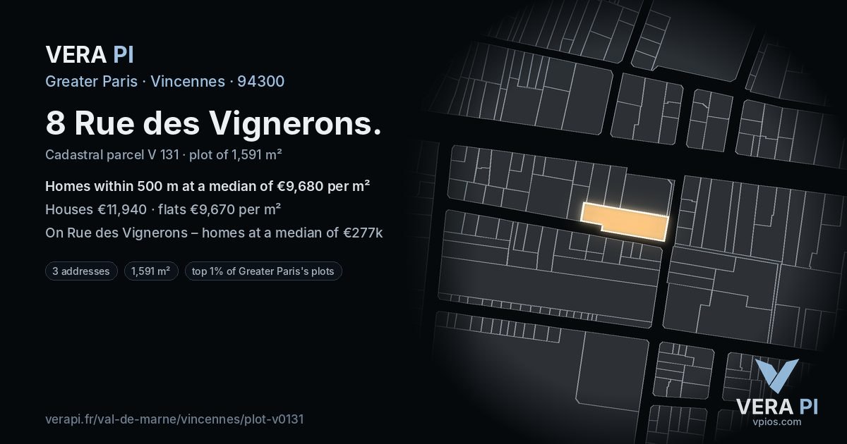 8 Rue des Vignerons, Vincennes at night – the plot lit, the parcels around coloured by the prices near them