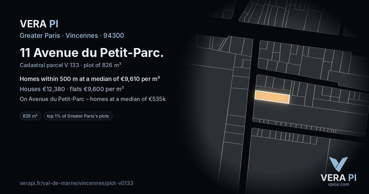 11 Avenue du Petit-Parc, Vincennes at night – the plot lit, the parcels around coloured by the prices near them