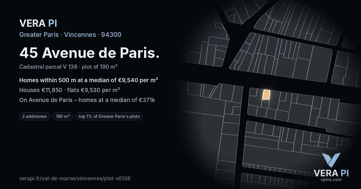 45 Avenue de Paris, Vincennes at night – the plot lit, the parcels around coloured by the prices near them