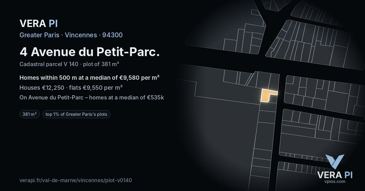 4 Avenue du Petit-Parc, Vincennes at night – the plot lit, the parcels around coloured by the prices near them