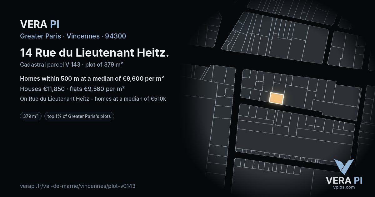 14 Rue du Lieutenant Heitz, Vincennes at night – the plot lit, the parcels around coloured by the prices near them