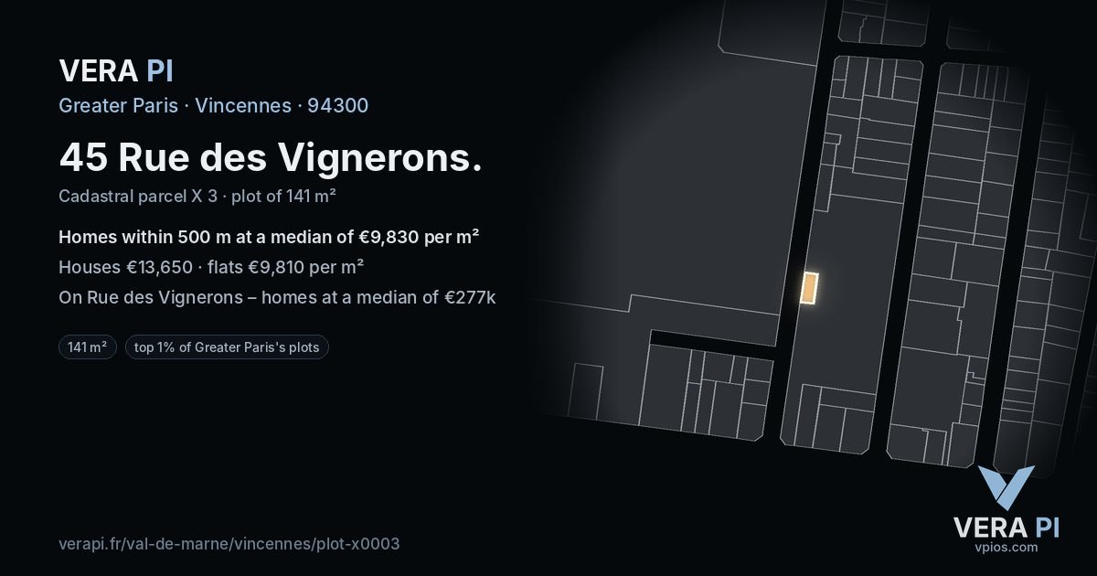 45 Rue des Vignerons, Vincennes at night – the plot lit, the parcels around coloured by the prices near them