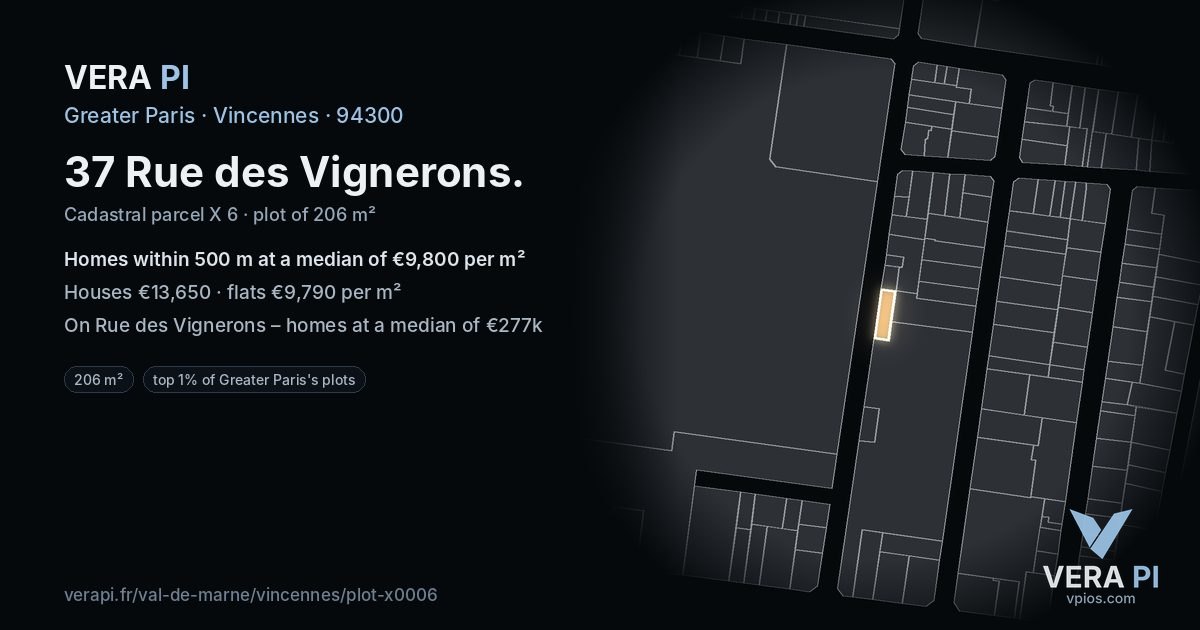 37 Rue des Vignerons, Vincennes at night – the plot lit, the parcels around coloured by the prices near them