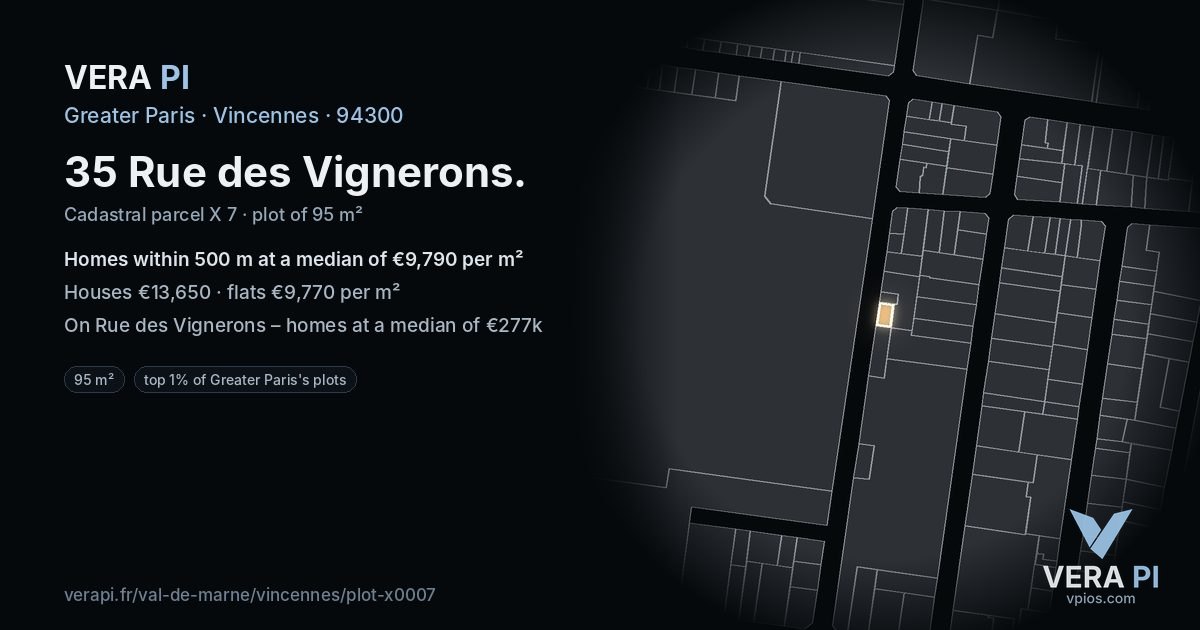 35 Rue des Vignerons, Vincennes at night – the plot lit, the parcels around coloured by the prices near them