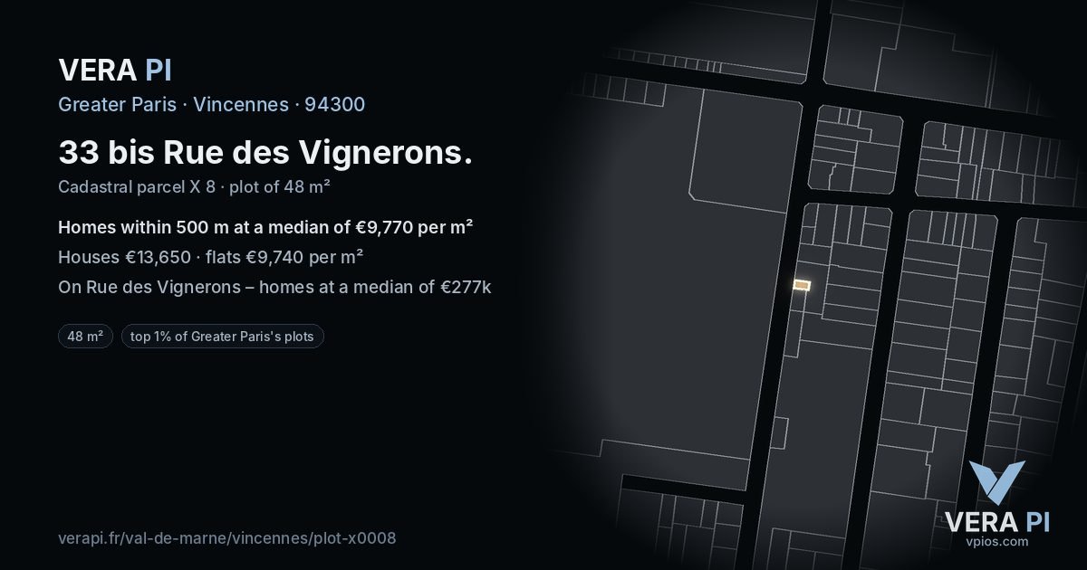 33 bis Rue des Vignerons, Vincennes at night – the plot lit, the parcels around coloured by the prices near them
