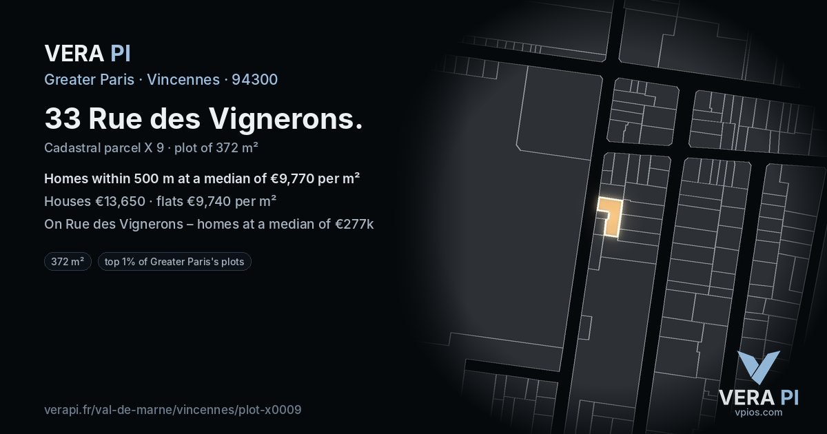 33 Rue des Vignerons, Vincennes at night – the plot lit, the parcels around coloured by the prices near them