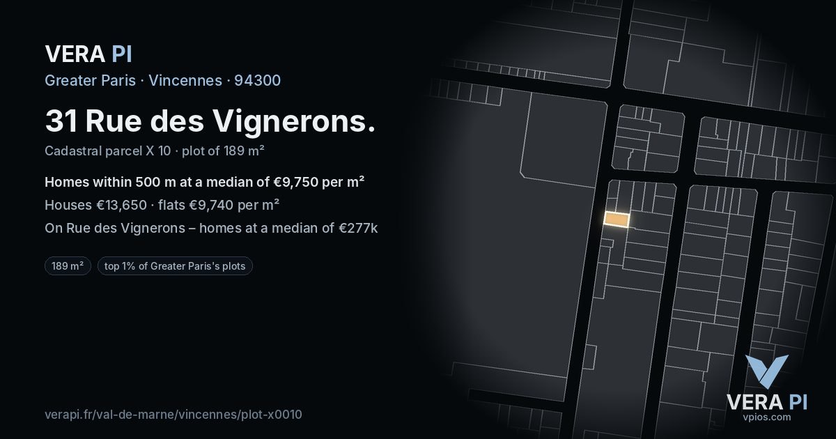31 Rue des Vignerons, Vincennes at night – the plot lit, the parcels around coloured by the prices near them