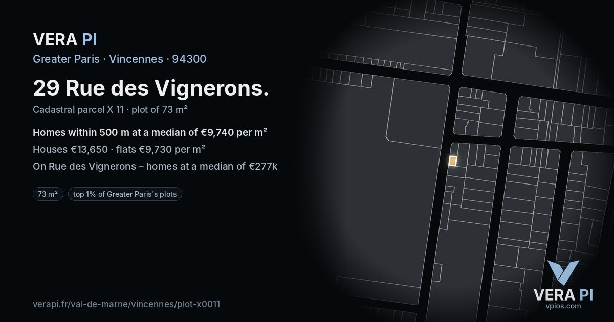 29 Rue des Vignerons, Vincennes at night – the plot lit, the parcels around coloured by the prices near them
