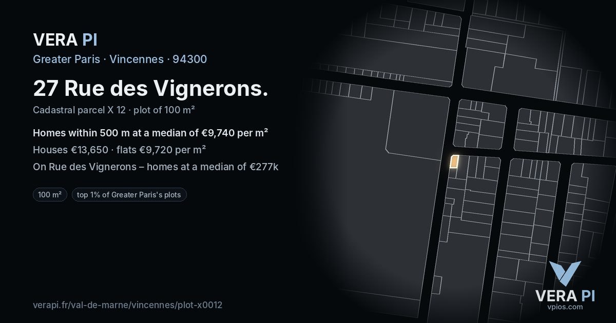 27 Rue des Vignerons, Vincennes at night – the plot lit, the parcels around coloured by the prices near them