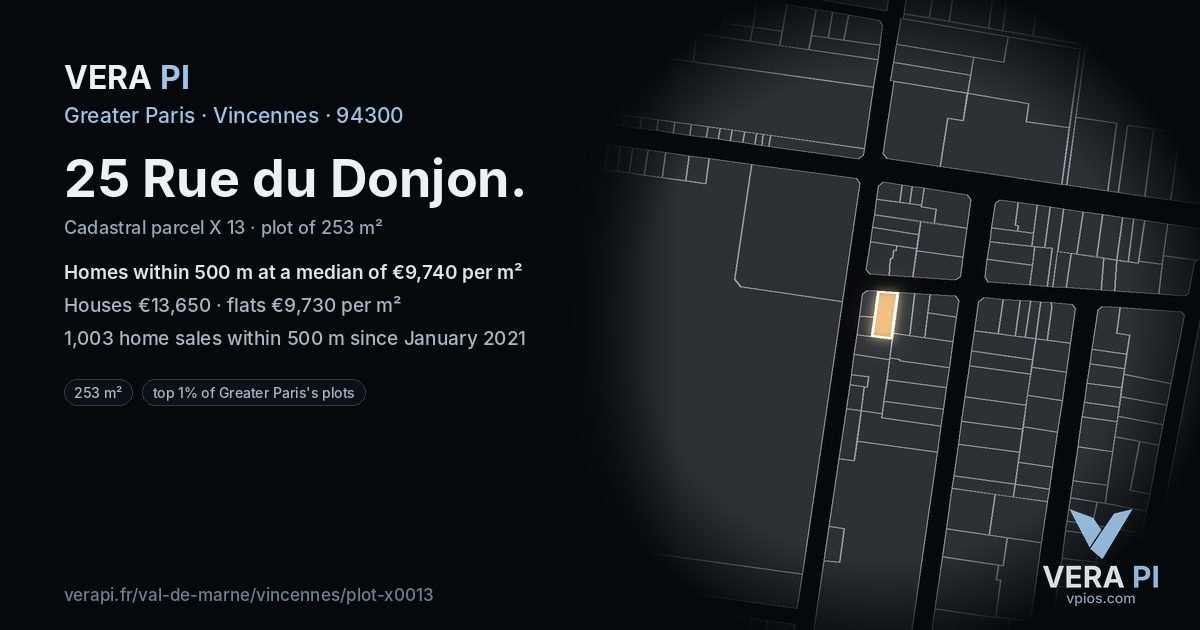 25 Rue du Donjon, Vincennes at night – the plot lit, the parcels around coloured by the prices near them