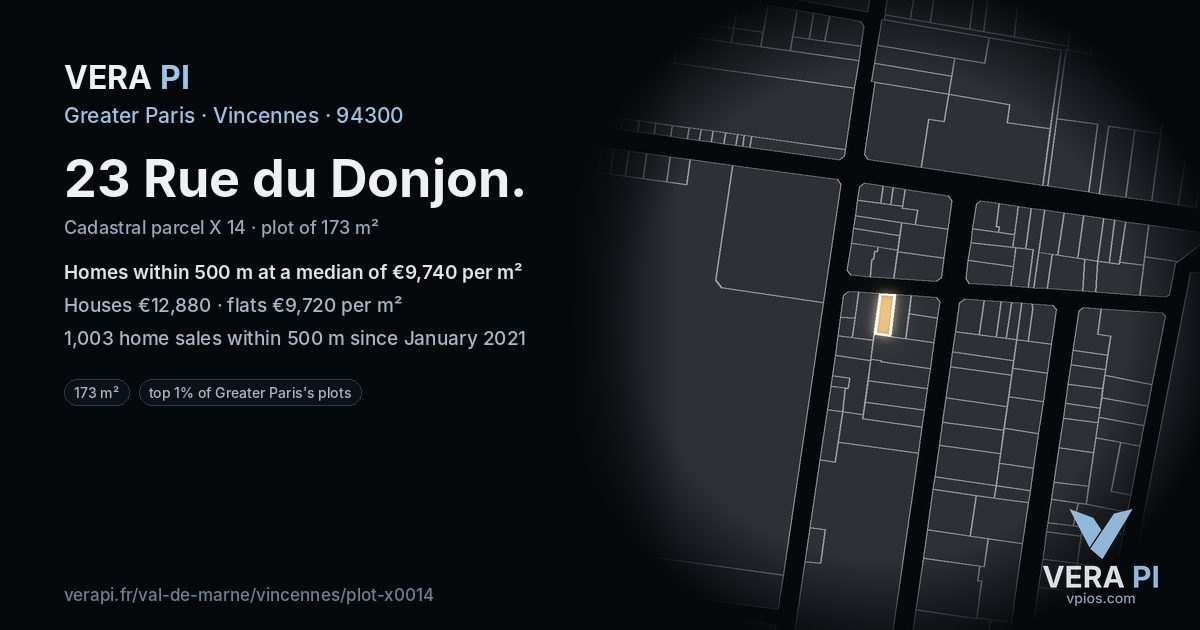 23 Rue du Donjon, Vincennes at night – the plot lit, the parcels around coloured by the prices near them