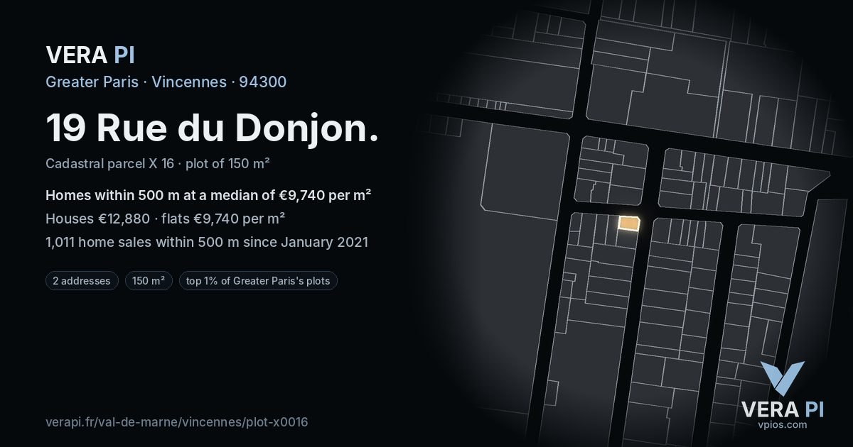 19 Rue du Donjon, Vincennes at night – the plot lit, the parcels around coloured by the prices near them