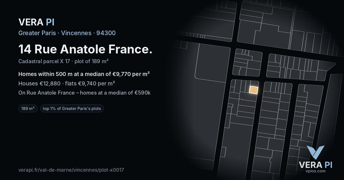 14 Rue Anatole France, Vincennes at night – the plot lit, the parcels around coloured by the prices near them